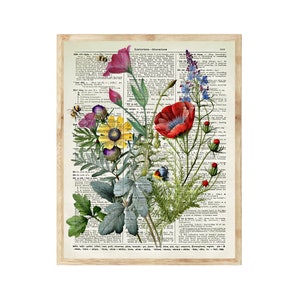 Watercolor Wildflowers Printed On 125 Year Old Dictionary Pages, Colorful Floral Wall Art Set Of 3, Botanical Decor, Farmhouse, Cottagecore image 3