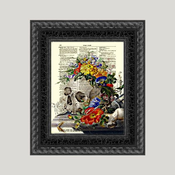 Vanitas Skull Print: Light Academia Gothic Decor on Antique Dictionary Page