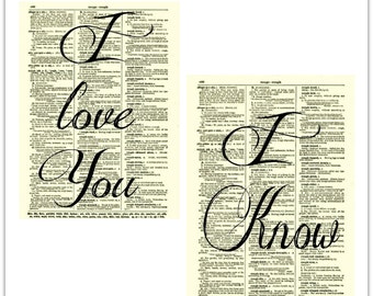 I Love You, I Know Quote Printed On 125+ Year Old Antique Dictionary Pages, Bedroom Wall Decor, First Paper Anniversary, Gift For Boyfriend