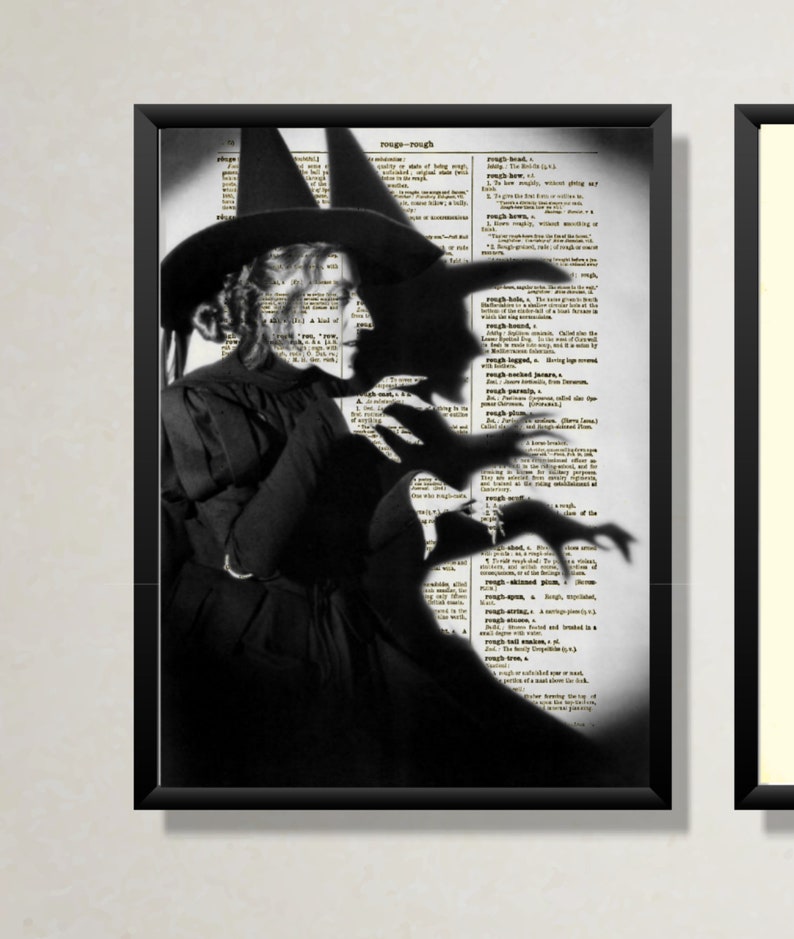 May include: Black and white photograph of a witch wearing a pointed hat and a long black dress. The witch is standing in front of a page from a dictionary, with the word "rough" highlighted. The witch's shadow is cast on the page, creating a spooky effect.