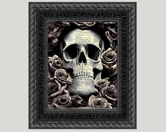 Skull On A Bed Of Roses Printed On An Antique 125+ Year Old Dictionary Page, Victorian Macabre Print, Gothic Home Decor, Dark Academia
