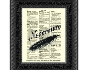Nevermore Raven Quote Print, Edgar Allan Poe Art on 1897 Dictionary Page