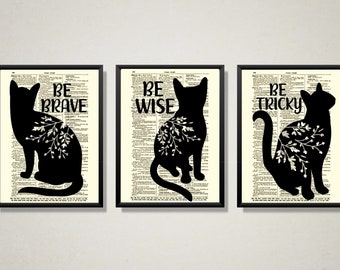 Be Brave, Be Wise, Be Tricky, Coraline Quote Printed On An Upcycled Antique Dictionary Page, Kids Room Decor, Caroline Cat, Black Cat Decor