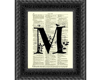 Initial M Printed On An Antique 1897 Dictionary Page, Wedding Sign, Nursery Decor, Dorm Room Wall Art, Thanksgiving Decor, Sustainable Art