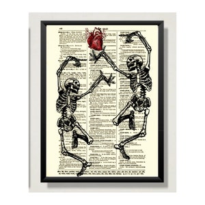 Dancing Skeletons Antique Dictionary Art Print: Gothic Valloween Decor