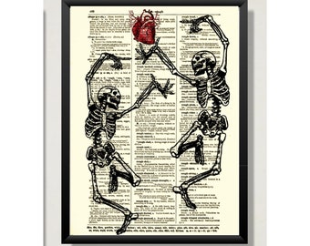 Dancing Skeletons Lovers Printed On A 125+ Year Old Antique Dictionary Page, Victorian Gothic, Dance Macabre, Dark Academia, Valloween Art