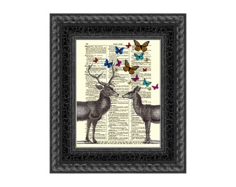 Stag and Doe Art Printed On An Antique 1897 Dictionary Page, Deer Art, Engagement Gift, Valentine Decor, Rustic Farmhouse Cabin Wall Decor
