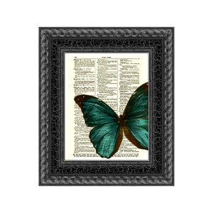 Emerald Green Butterfly Printed On An Antique Dictionary Page 125 Years Old, Blue Green Butterfly, Upcycled Art, Holiday Wall Decor image 1