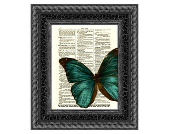Emerald Green Butterfly Printed On An Antique Dictionary Page 125+ Years Old, Blue Green Butterfly, Upcycled Art, Holiday Wall Decor