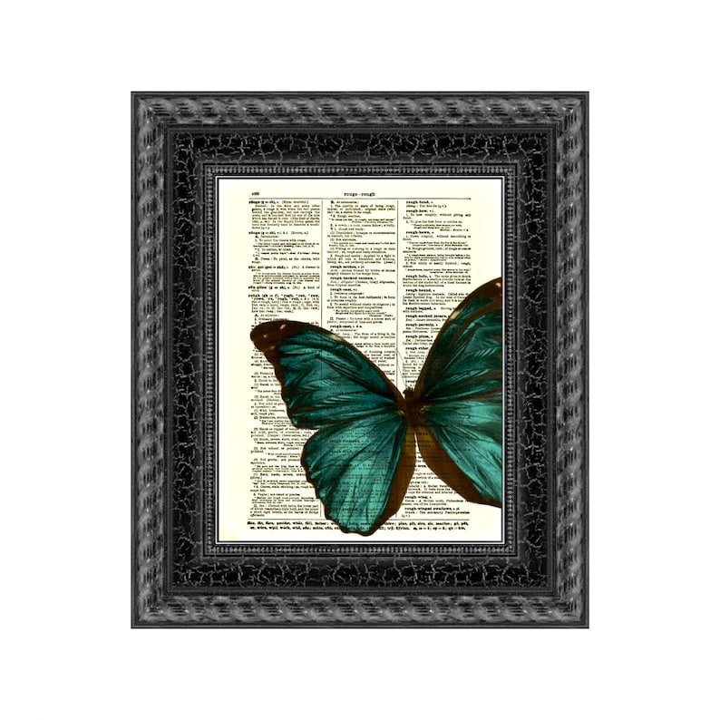 Emerald Green Butterfly Printed On An Antique Dictionary Page 125 Years Old, Blue Green Butterfly, Upcycled Art, Holiday Wall Decor image 1