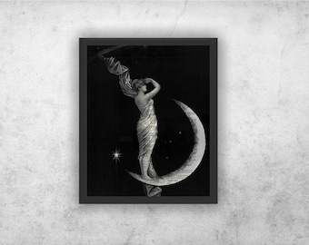 Woman and Moon Antique Dictionary Art Print: Dark Academia Decor