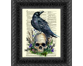 Crow, Skull, & Flowers Printed On A 125+ Year Old 1897 Dictionary Page, Gothic Home Decor, Macabre Print, Haunted Halloween, Memento Mori