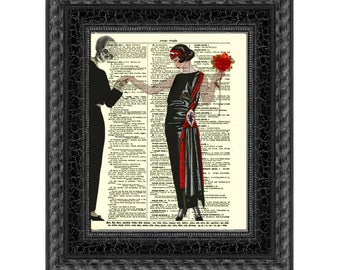 Death & The Lady Print On A 125+ Year Old Dictionary Page, Romantic Dark Gothic Home Decor, Goth Bedroom Art, Halloween Decor, Dark Academia