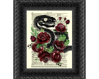 Macabre Snake & Roses Printed On A 125+ Year Old 1897 Dictionary Page, Gothic Home Decor, Dark Cottagecore, Witchy Wall Art, Goth Goblincore