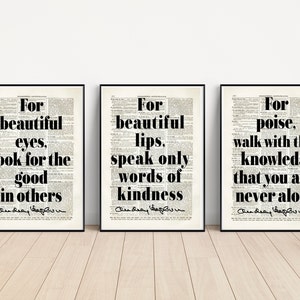 Audrey Hepburn Quote On A Set of Three Antique Dictionary Pages, For Beautiful Lips Eyes, Bedroom Wall Art, Dorm Decor, Valentine Day Gift