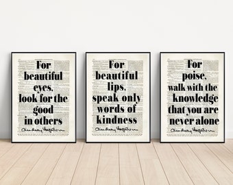 Audrey Hepburn Quote On A Set of Three Antique Dictionary Pages, For Beautiful Lips Eyes, Bedroom Wall Art, Dorm Decor, Soft Girl Era