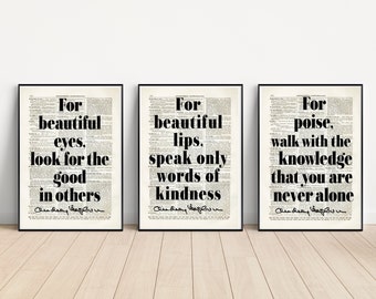 Audrey Hepburn Quote On A Set of Three Antique Dictionary Pages, For Beautiful Lips Eyes, Bedroom Wall Art, Dorm Decor, Valentine Day Gift