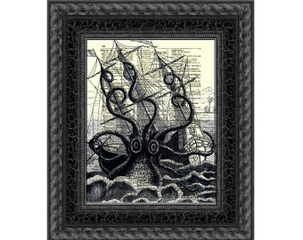 Kraken Illustration Printed On An Antique 125+ Year Old Dictionary Page, Sea Monster Poster, Dark Academia Aesthetic, Octopus Bathroom Decor