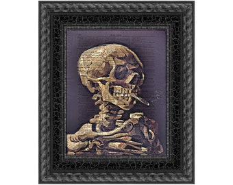 Van Gogh Skull Printed On A 125+ Year Old Dictionary Page, Moody Wall Art, Dark Academia, Gothic Home Decor Smoking Skeleton Halloween Print