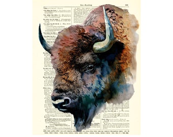 Bison Illustration Printed On An Antique 125+ Year Old Dictionary Page, Western Aesthetic Home Decor, Gift For Him, Dark Academia