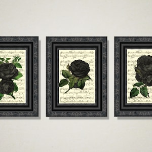 Vintage Black Roses 2: Printed On Upcycled Antique Music Pages, Memento Mori, Dark Macabre Victorian, Gothic Home Decor, Halloween Party Art