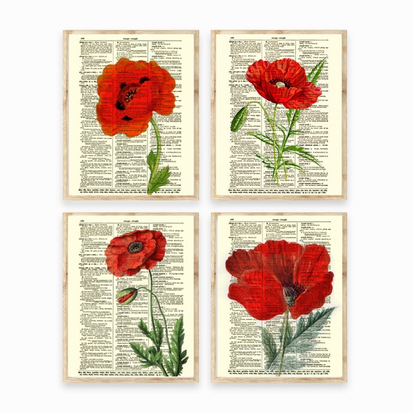 Vintage Red Poppy Illustrations Printed On 125+ Year Old Antique Dictionary Pages, 4 set, Botanical Cottagecore Aesthetic, Farmhouse Prints