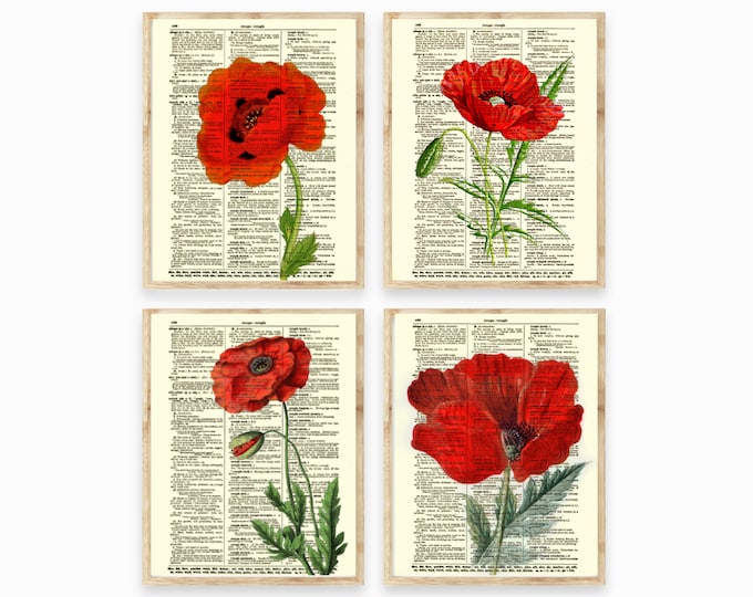 Red Poppy Botanical Prints: Vintage Dictionary Art, Set of 4