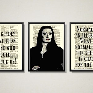 Addams Family Art Set Printed On Antique Dictionary Pages From 1897, Morticia Addams Quotes - We Gladly Feast & Normal Is An Illusion