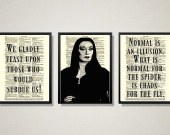 Addams Family Art Set Printed On Antique Dictionary Pages From 1897, Morticia Addams Quotes - We Gladly Feast & Normal Is An Illusion