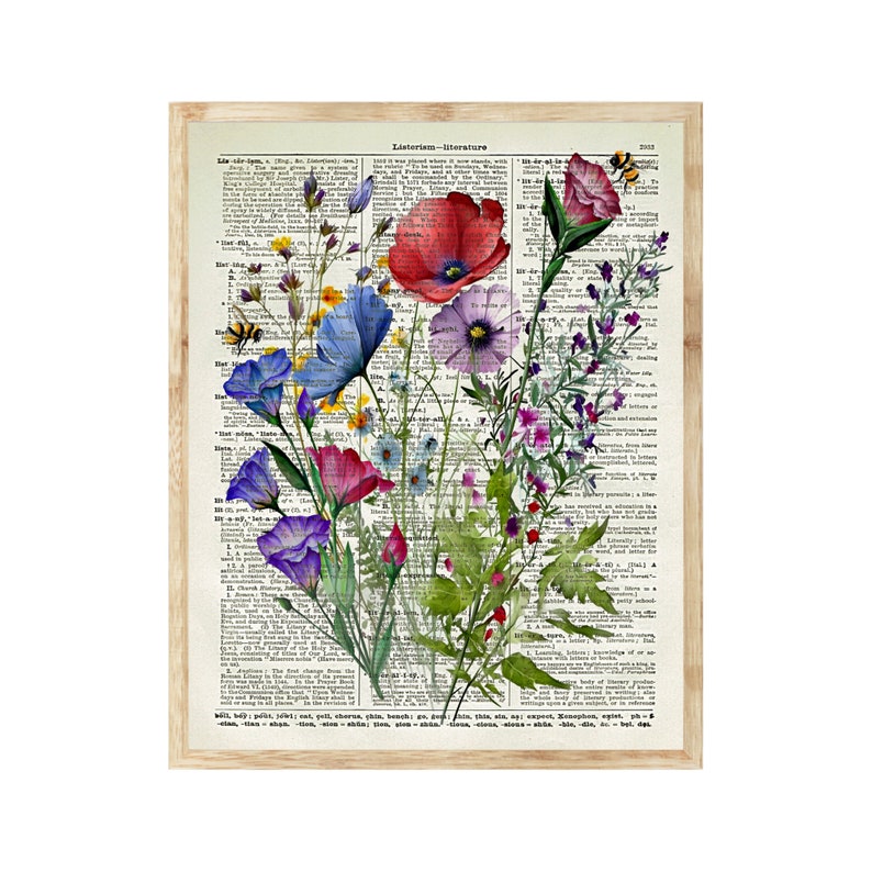 Watercolor Wildflowers Printed On 125 Year Old Dictionary Pages, Colorful Floral Wall Art Set Of 3, Botanical Decor, Farmhouse, Cottagecore image 4