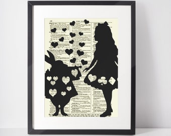 Alice in Wonderland Art Print: White Rabbit Silhouette on Antique Dictionary Page