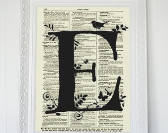 Letter E Dictionary Page Art Print, Modern Monogram Wall Decor