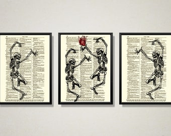 Dancing Skeletons Printed On An Antique Dictionary Pages, Romantic Victorian Gothic, Macabre, Vintage Halloween Wall Decor, Skulls and Heart