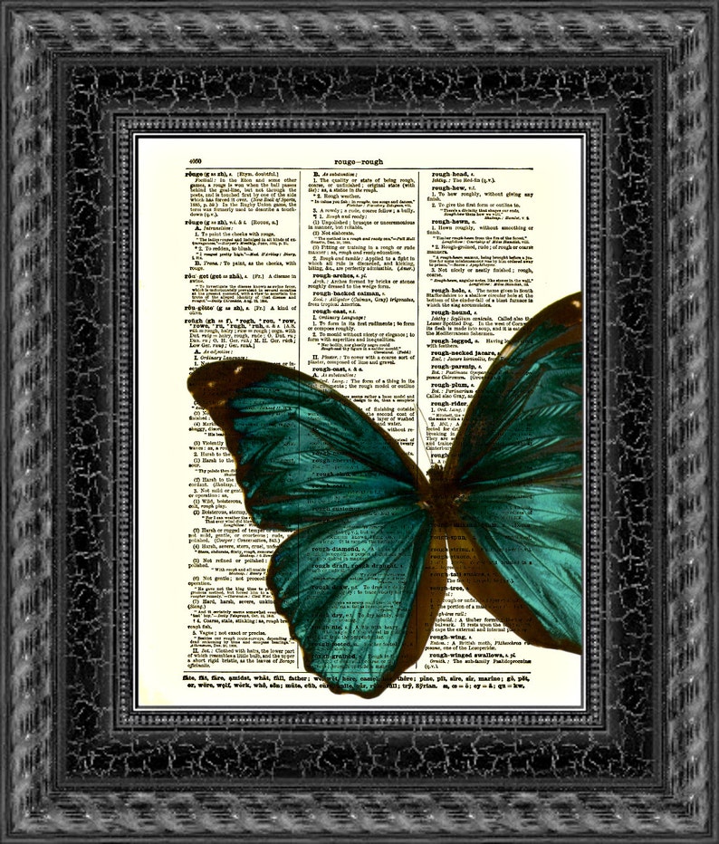 Emerald Green Butterfly Printed On An Antique Dictionary Page 125 Years Old, Blue Green Butterfly, Upcycled Art, Holiday Wall Decor image 8