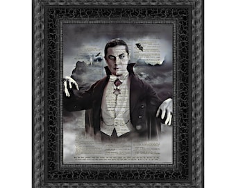 Dracula Art Printed On A 125+ Year Old Dictionary Page, Gothic Home Decor, Dark Academia, Halloween Wall Decor, Haunted House Art Print
