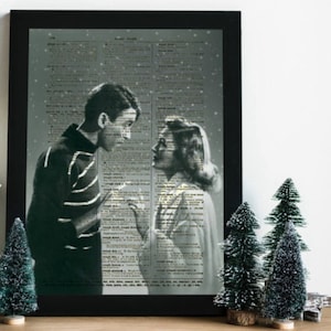 It&#39;s a Wonderful Life&#39;s George & Mary In The Snow Printed On An Antique Dictionary Page Over 125 Years Old, Christmas Decor Wall Art