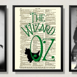 May include: A black and white dictionary page with the words "The Wizard of Oz" printed in green letters. A black silhouette of a dog is in the "O".