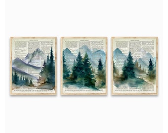 Mountains & Trees Art Printed On Antique 125+ Year Old Dictionary Pages From 1897, Landscape Gallery Wall Set, Dark Academia Wall Decor