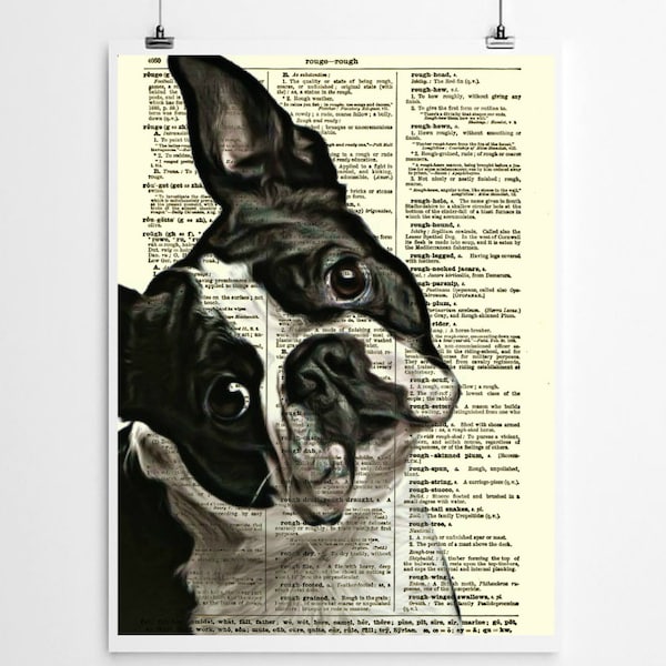 125+ Year Old Antique Dictionary Page Upcycled With A Boston Terrier Portrait, Dog Lover Artwork, Pet Loss Gift, Wall Decor, Rescue Art