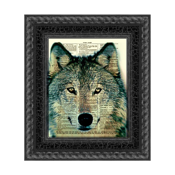 Wolf Art Print On An Antique Dictionary Page, Unique Gift For The Wolf Lover, Wolf Moon Art, Halloween Wall Decor, Grey Wolf Woodland Print