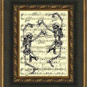 Dancing Skeletons Illustration Printed On An Antique Music Page, Gothic Decor Sheet Music, Halloween Party Decor, Dark Academia Art Print image 3