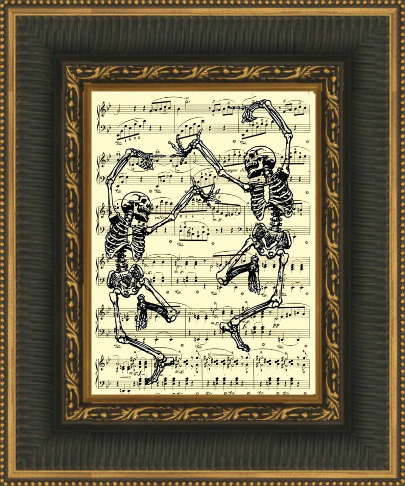 Dancing Skeletons Illustration Printed On An Antique Music Page, Gothic Decor Sheet Music, Halloween Party Decor, Dark Academia Art Print image 3