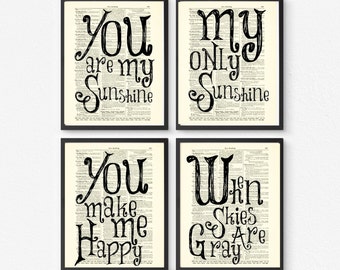 You Are My Sunshine Printed On An Antique 125+ Year Old Dictionary Pages, Cottagecore Decor, Farmhouse Style Rustic Wall Decor, Nursery Art