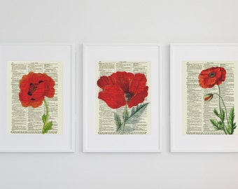 Red Poppy Flowers Art Set Printed On 1897 Dictionary Pages, Light Academia Book Art, Vivid Wall Accent, Gift For Her, Memorial Gifts