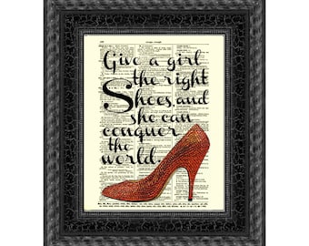 Give a Girl the Right Shoes Quote Printed On A 120+ Year Old Antique Dictionary Page, Shoe Decor, Dressing Room Wall Art, Bathroom Print