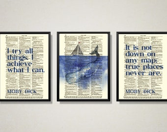 Moby Dick Inspirational Quotes Whale & Sailboat On Antique Dictionary Pages Unique Gift For The Sailor, Fisherman, Nautical Gallery Wall Set