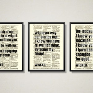 Wicked Musical Quote Set Printed On Antique Dictionary Pages, Wicked The Musical Set Unique Statement Wall Decor, Set Of 3 Prints