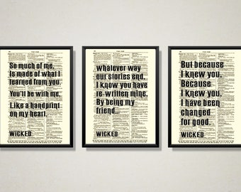 Wicked Musical Quote Set Printed On Antique Dictionary Pages, Wicked The Musical Set Unique Statement Wall Decor, Set Of 3 Prints