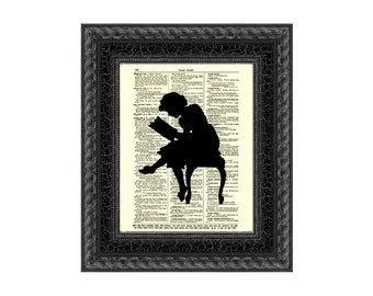 Reading Girl Silhouette Print on 1897 Dictionary Page