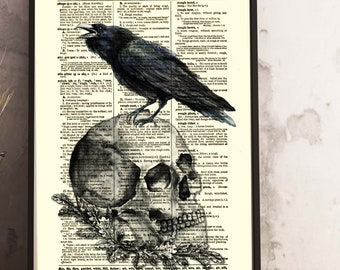 Raven & Skull Printed On An 1897 Dictionary Page, Wall Decor, Victorian Gothic Print, Macabre Edgar Allan Poe, Memento Mori, Book Lover Gift